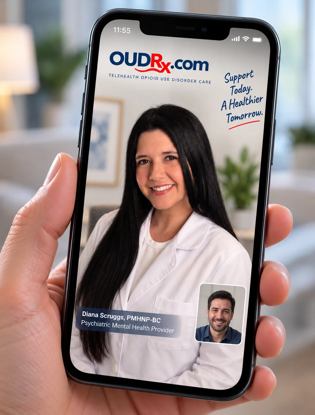 Illustrative OUDrx telehealth scene featuring Diana Scruggs in a lab coat and a patient inset